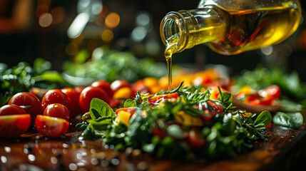 Wall Mural - Fresh crispy salad in a plate on the table is poured with aromatic vegetable oil. Vegetable salad with cherry tomatoes and herbs dressed with olive oil. Food concept, proper nutrition.