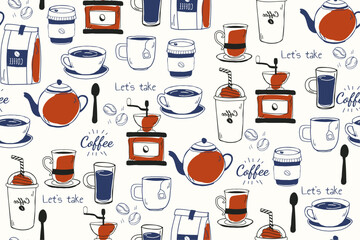 Poster - Drawn coffee pattern. Stylish and seamless vector pattern with coffee and tea bags.