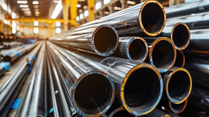 Round Steel Pipes Stacked in Factory. Round steel pipes are stacked in a factory, highlighting the orderly arrangement and industrial storage solutions.