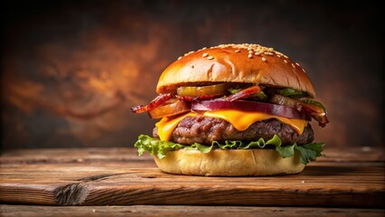 Wall Mural - Delicious beef burger topped with cheese and bacon on a wooden table with a brown background, burger, beef, cheese, bacon