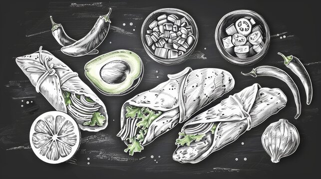 Chalkboard menu for fast food restaurant, offering tortilla wraps and burritos. Hand drawn sketch of burrito ingredients chicken, avocado, and chili pepper.