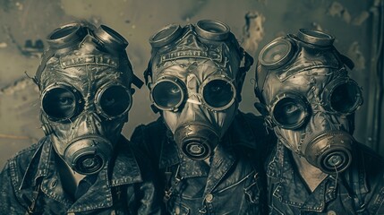 Three People Wearing Gas Masks