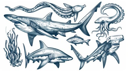 Modern sketches of squids, sharks, and hammerhead shark creatures. Ancient map design elements. Hand drawn deep sea monsters, isolated underwater predators.