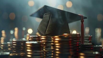 Cost of Education - Graduation Cap on Coin stack Graduate Investment Graduation Education Student University Money Coins Price Debt Celebration Diploma College School Academic Degree Finance Hat