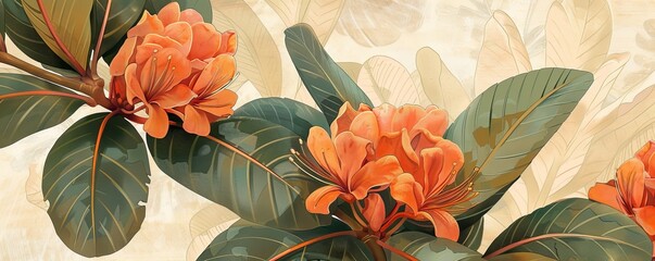 Wall Mural - Orange tropical flower blossom blooming with green leaves illustration