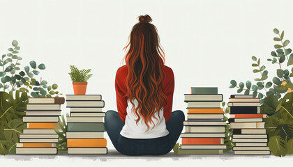 Wall Mural - Online education. illustration in flat style. Girl sitting on pile of books. Concept illustration of online courses, distance studying, self education, vector flat illustration