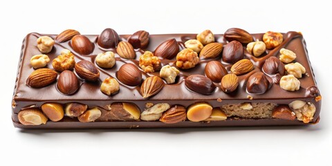 Wall Mural - Delicious chocolate bar filled with crunchy nuts on a white background, chocolate, nuts, sweet, snack, dessert, treat