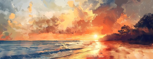 Wall Mural - Watercolor illustration of a serene beach sunset