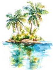 Wall Mural - a serene tropical island scene featuring lush palm trees and crystal-clear water, reflecting vibrant