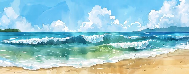 Watercolor illustration of a tranquil beach with gentle waves
