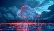 © Kadang Kesel - A glowing cloud in the night sky with a server farm below, representing cloud computing.