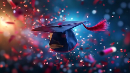 A graduation cap is thrown into the air with red and white confetti surrounding it.