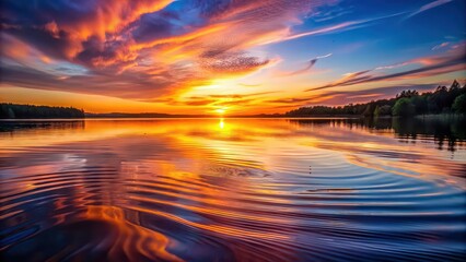Wall Mural - Hyperrealistic photo of sunset reflecting on lake surface with vibrant ripples, sunset, lake, water, reflection