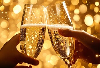 Sparkling Champagne Toast Celebration with Golden Bubbles Background