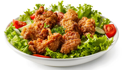 Wall Mural - Healthy green salad with crispy fried chicken and tomato isolated on white