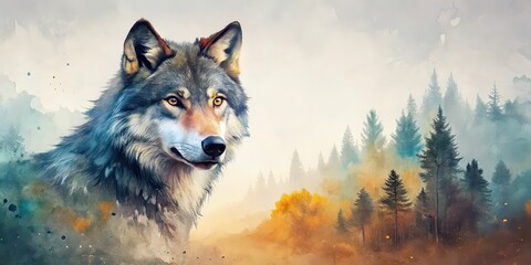 Naklejka na meble Captivating artwork of a wolf with a watercolor landscape on its body, wolf, watercolor, landscape, artwork, painting