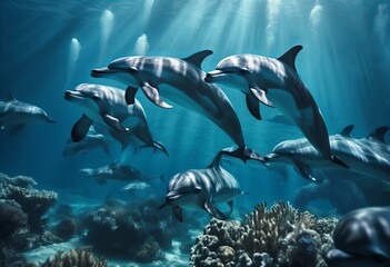 dolphins swimming in the ocean with sunlight shining through the water.