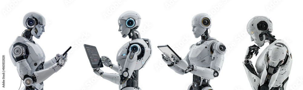 Collection of Ai robot using tablet isolate on transparency background ...