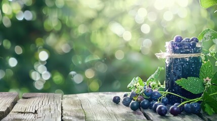 Wall Mural - Blueberries scattered on a rustic wooden table with a jar of blueberry jam, highlighting freshness and natural flavors in a simple, organic setting.