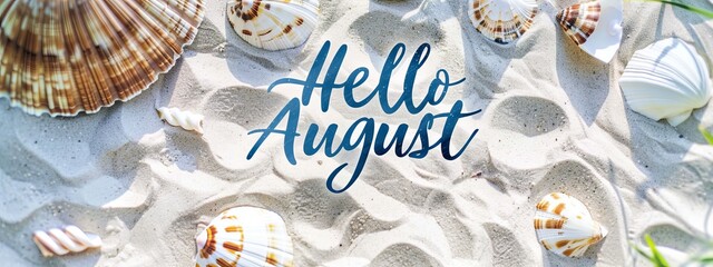 Poster - Hello August -  modern calligraphy lettering. Summer concept background, with sand beach background