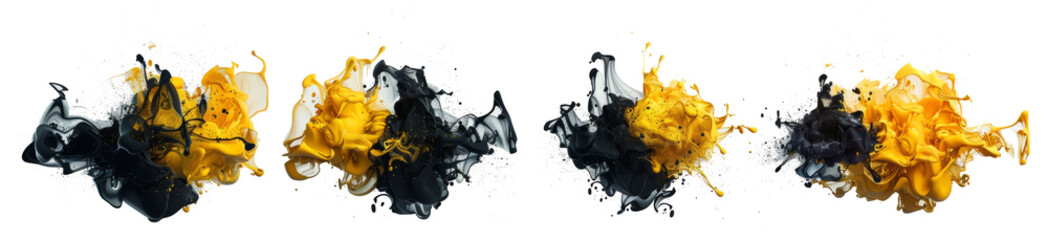 Wall Mural - Set of powder explosion yellow and black ink splashes, Colorful paint splash elements for design, isolated on white and transparent background