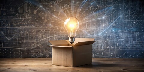 Wall Mural - A floating light bulb coming out of a box in front of a math picture, innovation