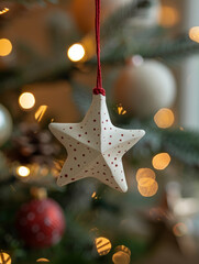 Christmas star ornament hanging on a tree with bokeh lights.