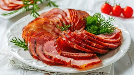 Poster - Sliced smoked ham on a white plate