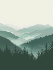 Aufkleber - A peaceful sunrise over lush green mountains, enveloped in mist. Sunlight gently touches the peaks, painting a serene landscape. Generative AI