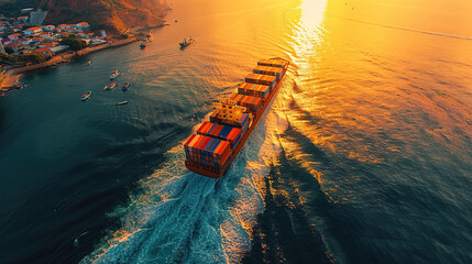 Wall Mural - Aerial top view of cargo container business ship, global express in the ocean, logistic freight shipping and transportation, container cargo maritime ship with Generative AI
