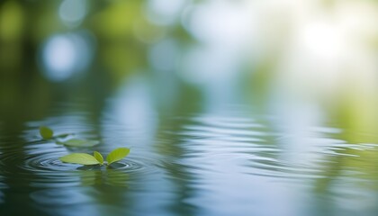 Wall Mural - An isolated green leaf floating on calm water with ripples , surrounded by blurred foliage in the background