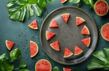 Wall Mural - Fresh Watermelon Slices Arranged in a Circular Pattern on a Grey Plate