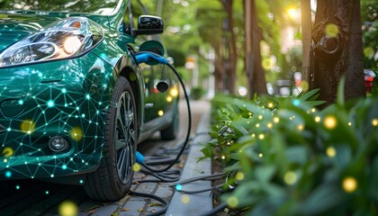 A green electric car is plugged in to charge, surrounded by lush greenery. The car's body is adorned with a network of glowing lines, representing the flow of energy