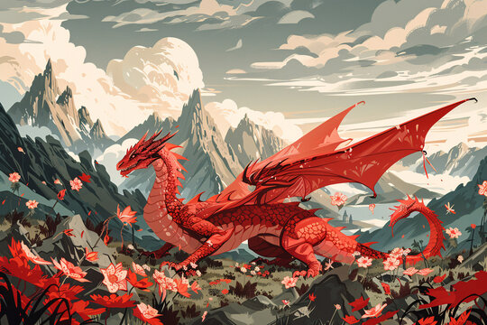 a red dragon in a mountain