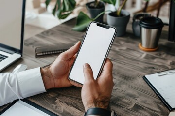 Mockup of a man's hands holding smart phone with blank white screen while sitting at the wooden table in modern office