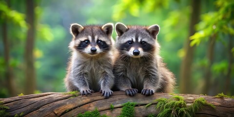 Canvas Print - Two cute raccoons sitting on a log in the forest , raccoons, animals, wildlife, nature, outdoor, curious, cute, fluffy, forest, tree