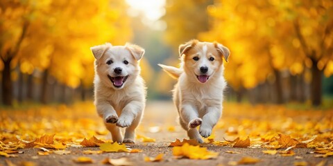 Poster - Two adorable puppies happily running on a park path covered in yellow leaves, puppies, dogs, cute, adorable, park, path