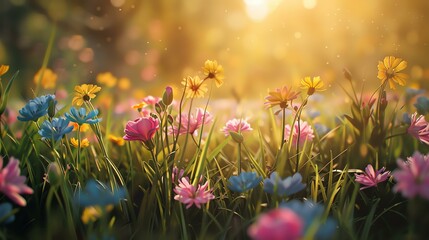 Canvas Print - A beautiful field of flowers in bloom. The flowers are mostly pink, yellow, and blue, and they are all different shapes and sizes.