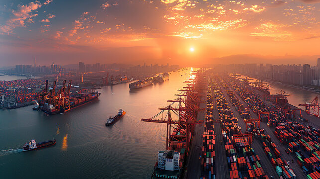 An aerial view of a port terminal, a container, a cargo ship