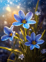 Wall Mural - Blue Eyed Grass flowers in the cold snow.