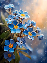 Wall Mural - Flowers of forget-me-nots in the cold snow.