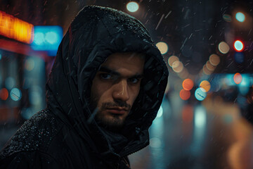 Sticker - AI generated picture of young man walking alone on rainy street at night