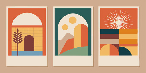 A collection of three posters featuring geometric shapes and landscapes. This collection includes three posters featuring geometric shapes and landscapes, perfect for adding a touch of modern art to a