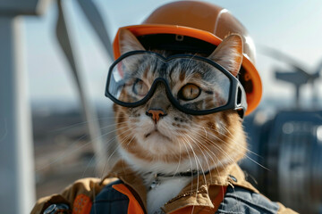 Sticker - AI generated image of cute cat working as builder