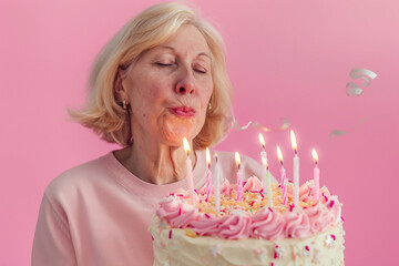 Wall Mural - Birthday party with pink tasty cake and candles adult senior mature person, Generative AI