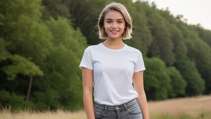 Wall Mural - Teenage girl with short hair wearing white t-shirt and grey jeans standing in nature