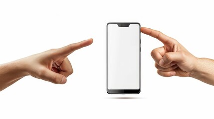 Hands holding smartphone blank touch screen isolated with clipping path on white background,copy space,space for text.