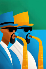 Illustration of two jazz musicians playing saxophones, wearing colorful hats and sunglasses, set against a vibrant background, creating a lively and festive atmosphere.