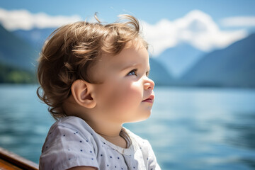 Wall Mural - Cute child spending weekend vacation on the boat sea ocean river lake, Generative AI