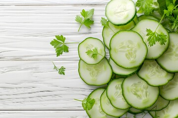 Wall Mural - Sliced ​​cucumbers on a white wooden table.